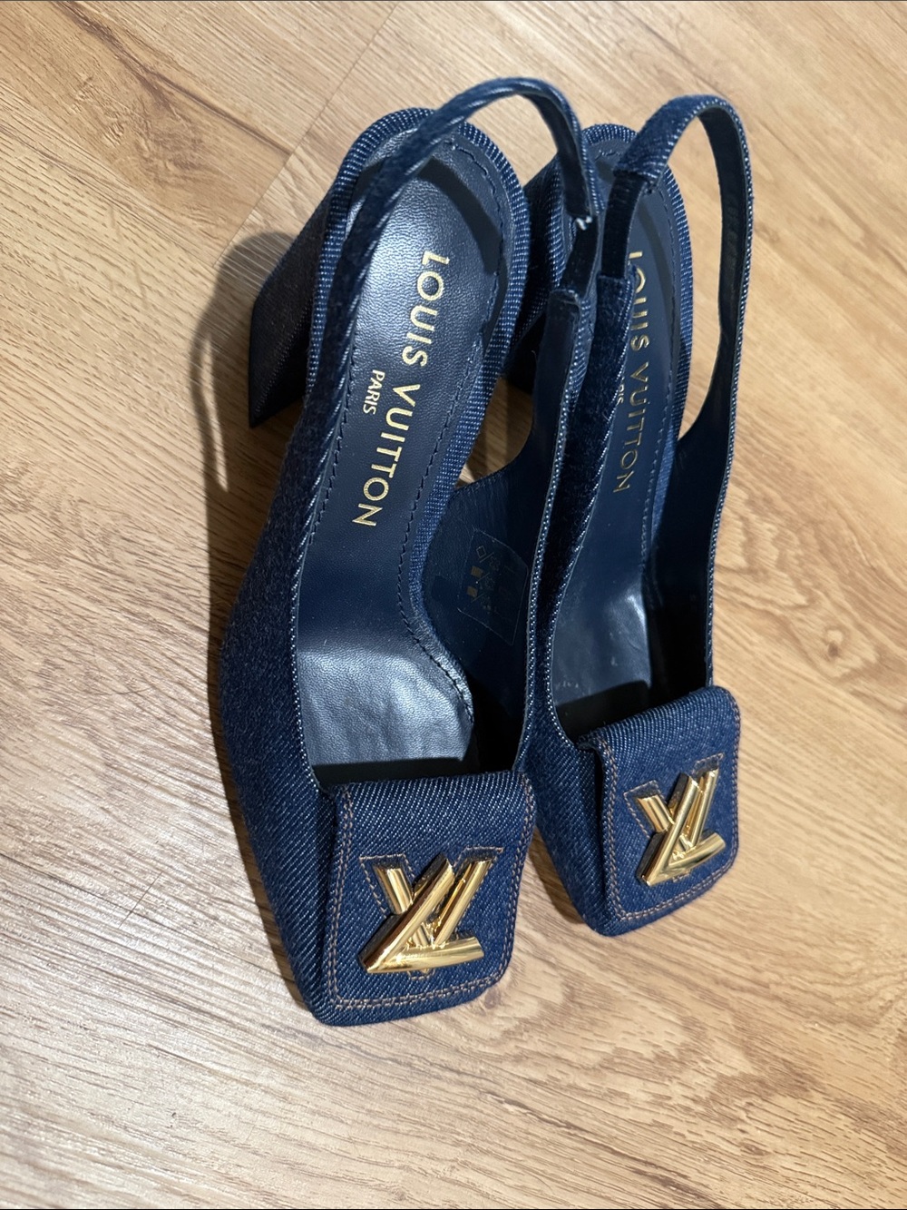 Louis Vuitton Dark Blue Denim Slingback Pumps with Gold LV Emblem 36.5